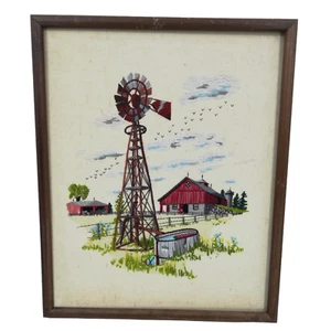 Vintage Completed Crewel Embroidery Picture Windmill Barn National Paragon 1980 - Picture 1 of 11