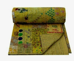 Indian Handmade Old Patola Silk Patch Kantha Quilt Kantha Blanket Twin Bedspread - Picture 1 of 37