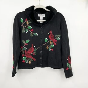 VTG Tiara International Button Christmas Cardigan Sweater Cardinals Black Small - Picture 1 of 7