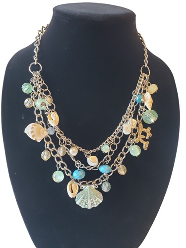 VETEMENTS Collana bavaglino perle cristallo conchiglia triplo filo blu acqua primavera estate classica