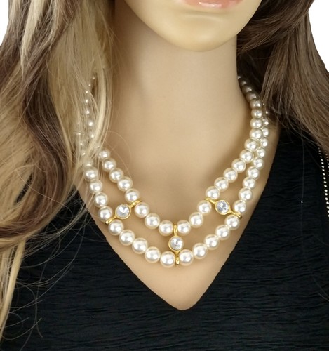 OFF WHITE Collana due fili bianco sporco imitazione perle tono oro Rivoli collare perline 18"