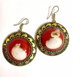 Handmade Artisan Round Brass Hook Dangle Drop Earrings Red Gold - Picture 1 of 6