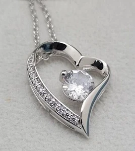 NEW 925 Sterling Heart w/ CZ Stones Necklace 17 1/2” Long Chain, 7/8” Pendant - Picture 1 of 7