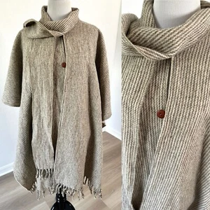 Vintage Striped Wrap Poncho/Cape/Shawl Botton Closed One Size Beige - Picture 1 of 10