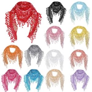 Women Girls Lace Sheer Floral Triangle Veil Scarf Shawl Head Wrap Tassel Scarves - Picture 1 of 43