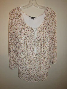 BCX Women’s M White Ditsy Floral Top 3/4 Sleeve Keyhole Tassel Romantic Peasant  - Picture 1 of 9