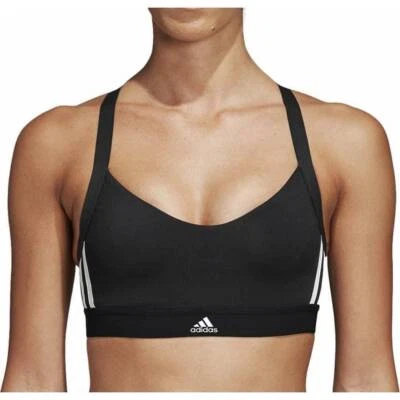 adidas All Me 3 Stripes Womens Sports Bra Black Compression Moisture Wicking Gym - Image 1 of 4