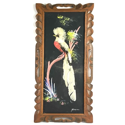 Pájaro arte popular pluma mexicana vintage hecho a mano años 50 enmarcado Foto 1 de 4