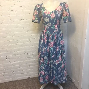 Laura Ashley Vintage 80er Puffärmel Blumen Midikleid blau Gr. 10 passt 6 - Bild 1 von 7