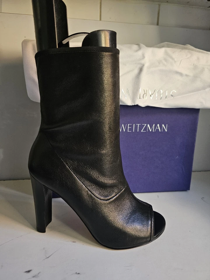 STUART WEITZMAN DESIGNER UK 4 EU 37 WOMENS BLACK LEATHER  ANKLE HIGH HEELS BOOTS - Image 1 of 4