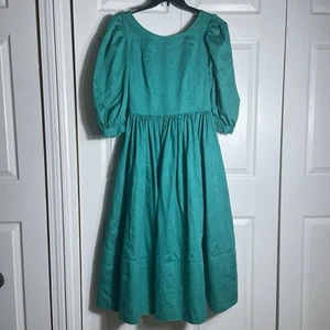 Vintage 80s Laura Ashley Dress Women Green Tonal Floral Puff Sleeves Cotton Midi - Picture 1 of 10