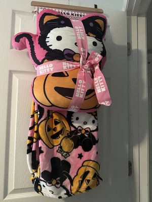 Juego de manta y almohada de felpa rosa Hello Kitty Halloween 50x70" gatos calabazas nuevo con etiquetas Foto 1 de 2