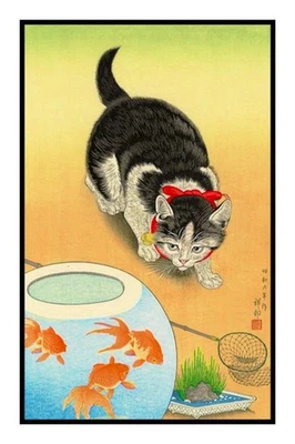 Japanese Cat Goldfish Bowl Ohara Shoson Koson Counted Cross Stitch Chart Pattern - Image 1 of 4
