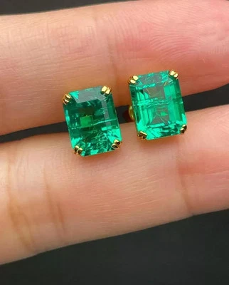 2Ct Emerald Cut Lab Created Green Emerald Stud Earring 14k Yellow Gold Plated - Image 1 of 2
