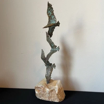 Vtg CURTIS JERE "Three Birds In Flight" SCULPTURE On Marble Bade Mid Century Art - Image 1 of 4