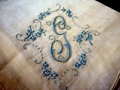 Новый винтажный ручной работы Hanky Мадейра вышивка "G" монограмма синий на белом - Изображение 1 из 4