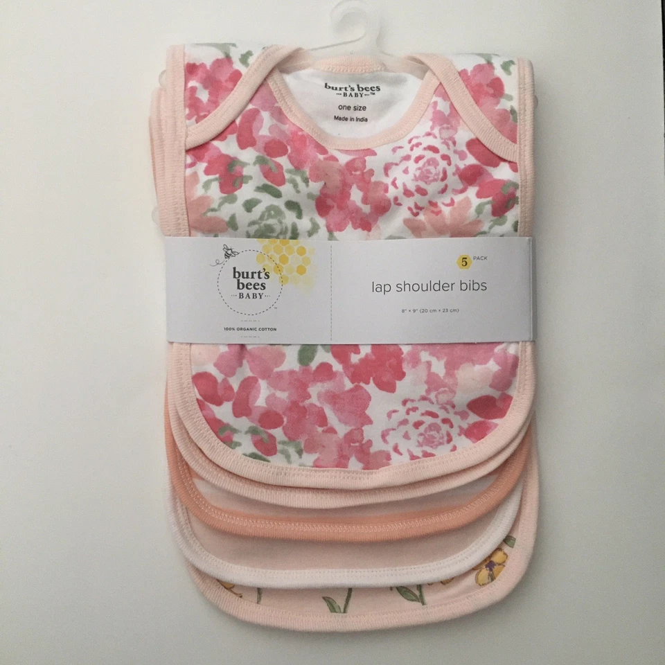 全新 Burt’s Bees 5 翻肩围兜有机棉粉色花卉纯色条纹 — 第 1/4 张图片