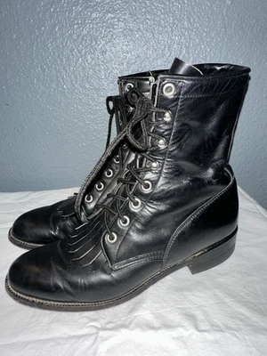 BOTAS DE VAQUERA VINTAGE JUSTIN negras con cordones flecos Kilte Western talla 6,5B Foto 1 de 4