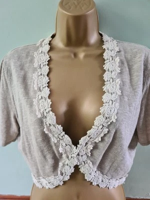 Laura Ashley UK:14 Beige Linen Cotton Blend Bolero Shrug Jacket Cardigan Floral - Image 1 of 4