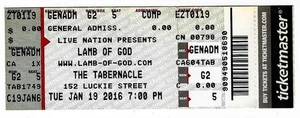 Lamb of God 1/19/16 Atlanta GA The Tabernacle Rare Ticket! - Picture 1 of 1