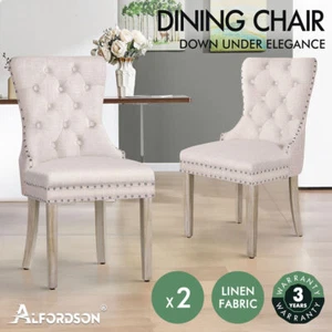 ALFORDSON 2x Dining Chairs Kitchen Lounge Padded Diamond Tufted Fabric Beige - Picture 1 of 4