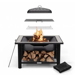 Feuerschale Grill 87 cm Feuerstelle Terrasse Feuerkorb Tisch Stahl Funkenschutz - Bild 1 von 8
