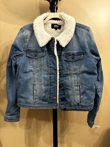B H J Denim Jean Stretch Jacket Coat Sherpa Lined Medium Blue Button Up NEW NWT - Picture 1 of 9
