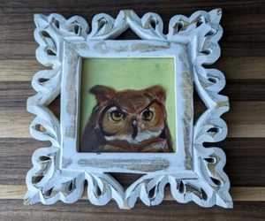 Beautifully Painted Wise Great Horned Owl. Original Oil Painting In Rustic Frame - Picture 1 of 9