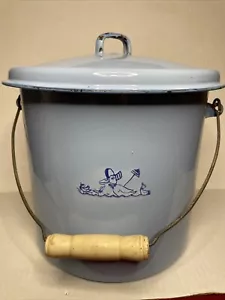 Vintage Lt Blue Enamel Diaper Pail/Bucket/lid Duck 9" Wood Handle Shabby Planter - Picture 1 of 9