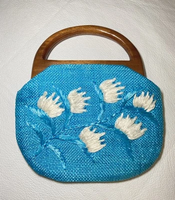 Vtg 60s Lina Vizcarro-Oandasan Wood Handle Straw Purse Handbag Boho Philippines - Image 1 of 4