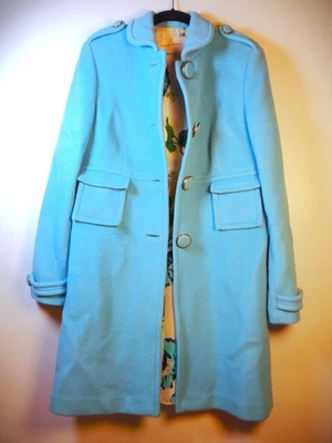 Vintage Banana Republic Full Length Wool Coat Lt Blue w/Floral Lining Epaulets - Image 1 of 4