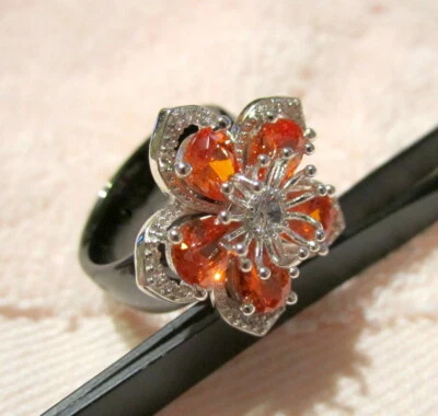 Padparadscha Crystal & Ceramic Ring Flower *SIZE 7* Black Ceramic / Silver - Image 1 of 4