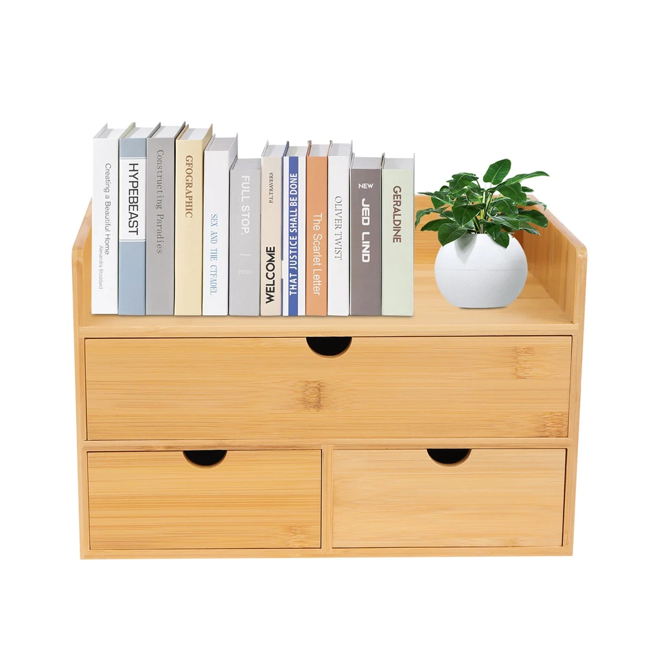 3 Drawers Raw Wood Color Tabletop Storage Box Bamboo Desk Organizer Fit Office - Image 1 of 4