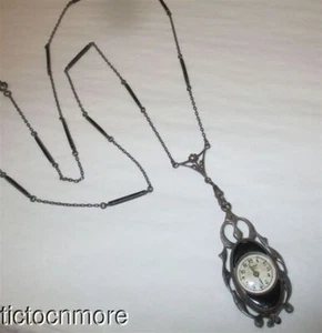 VINTAGE ART DECO BUCHERER STERLING BLACK GUILLOCHE SILVER PENDANT NECKLACE WATCH - Picture 1 of 13