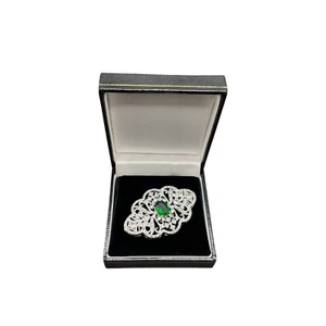 White Gold Finish Created Diamond Green Emerald Brooch - Picture 1 of 3