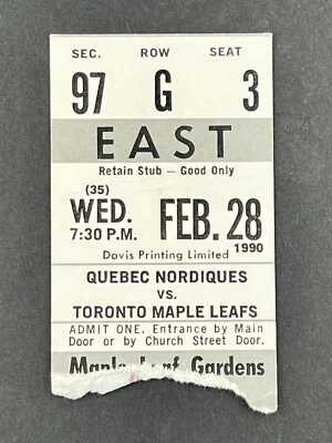 2-28-1990 Quebec Nordiques @ Toronto Maple Leafs NHL Hockey Ticket - Image 1 of 2
