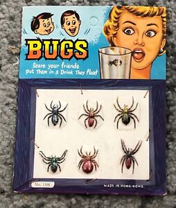 Fake Bugs Toys on Store Display Card 1960's Toy Insects Gag Novelty Beetles Bug