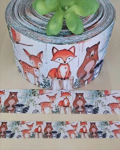 7/8, 1, 1.5 & 3" (1 YD) Woodland Animal Grosgrain Ribbon Deer Fox Bear Racoon - Picture 1 of 2
