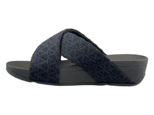 FitFlop Lulu FZ5-231 Cross Slides Sandals Women's Black Mix Geo-Webbing Slip On - Foto 1 di 35
