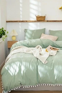 Urban Bed Cover Washed Cotton Tassel Duvet Cover Size Full/Queen Sage Green - Picture 1 of 5