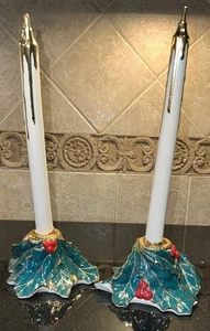 Mid Century Holland mold Christmas Holly Candle holders with ceramic Candles  - Picture 1 of 11