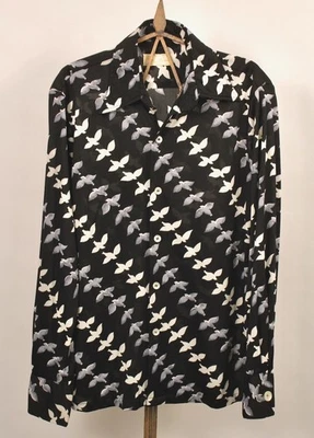 Men's VTG 70s Black & White Bird Print Polyester Shirt Sz M 1970s Lucien Piccard - Image 1 of 4