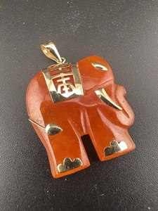 Vintage 14k Gelbgold Kaution Orange Jade Viel Glück Elefant Anhänger - Bild 1 von 6