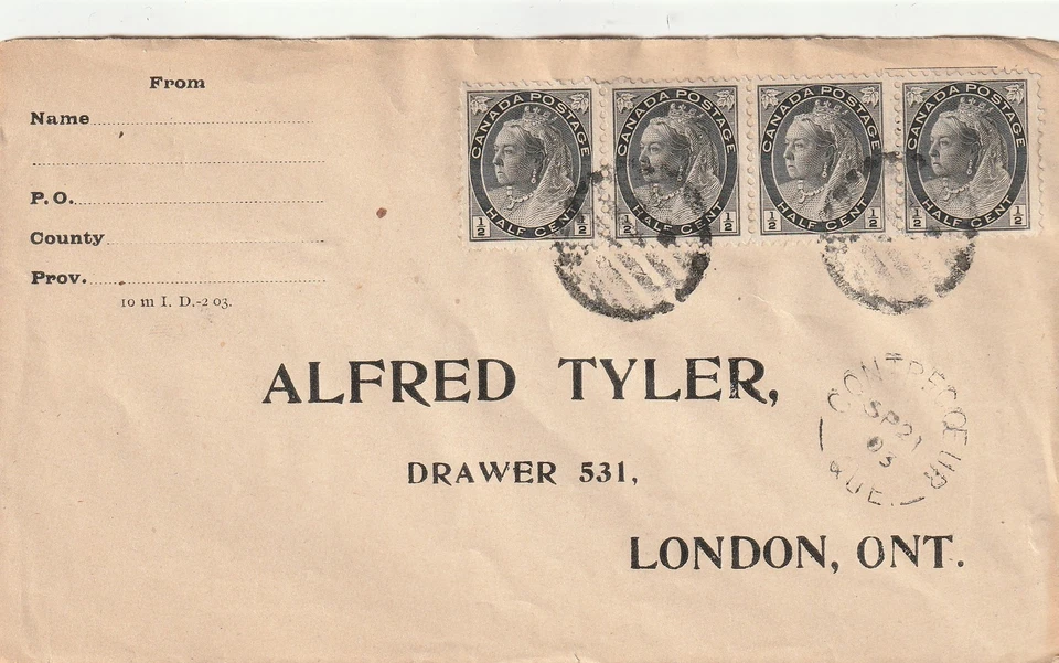 Canada CONTRECOEUR QUE Split Ring Queen Victoria 1/2c x4 Numerals  1903 - Image 1 of 1