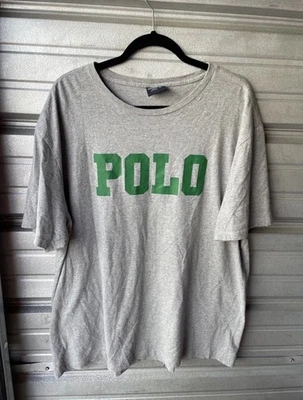 Camiseta Polo Ralph Lauren Vintage Años 90 Grande Deletreada Verde Logo Gris Para Hombre XL  Foto 1 de 4