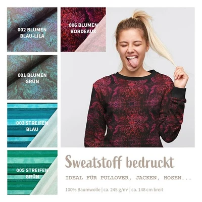 Wintersweat Meterware bedruckt, Sweatshirt Stoff Blumen, Baumwoll Sweat Streifen - Bild 1 von 4