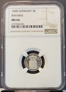 1848 GERMANY SILVER 3 KREUZER 3K BAVARIA LUDWIG I NGC MS 66 GEM BU SCARCE COIN - Picture 1 of 3