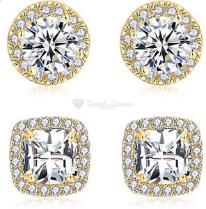 Men Women 18K Gold Plated Square Round Silver Cubic Zirconia Shiny Stud Earrings - Picture 1 of 75