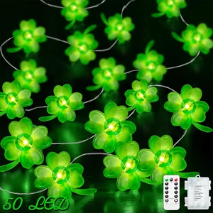 St Patricks Day Decorations 16FT 50 LED Green Shamrocks Fairy String Lights Batt - Picture 1 of 12