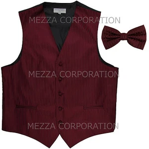 New Men's Tuxedo Vest Waistcoat Vertical Stripes Bowtie wedding party Burgundy - Bild 1 von 3